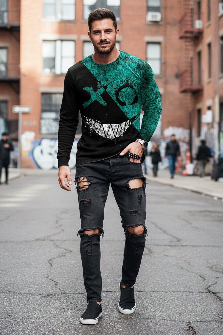 Men’s Casual Long Sleeve O-Neck T-shirt with Funny Pattern Print - Harajuku Street Fashion Top