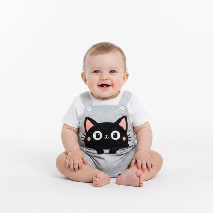 IURNXB Summer Infant Cartoon Black Cat Printed Unisex Romper with Suspenders (0-18M)