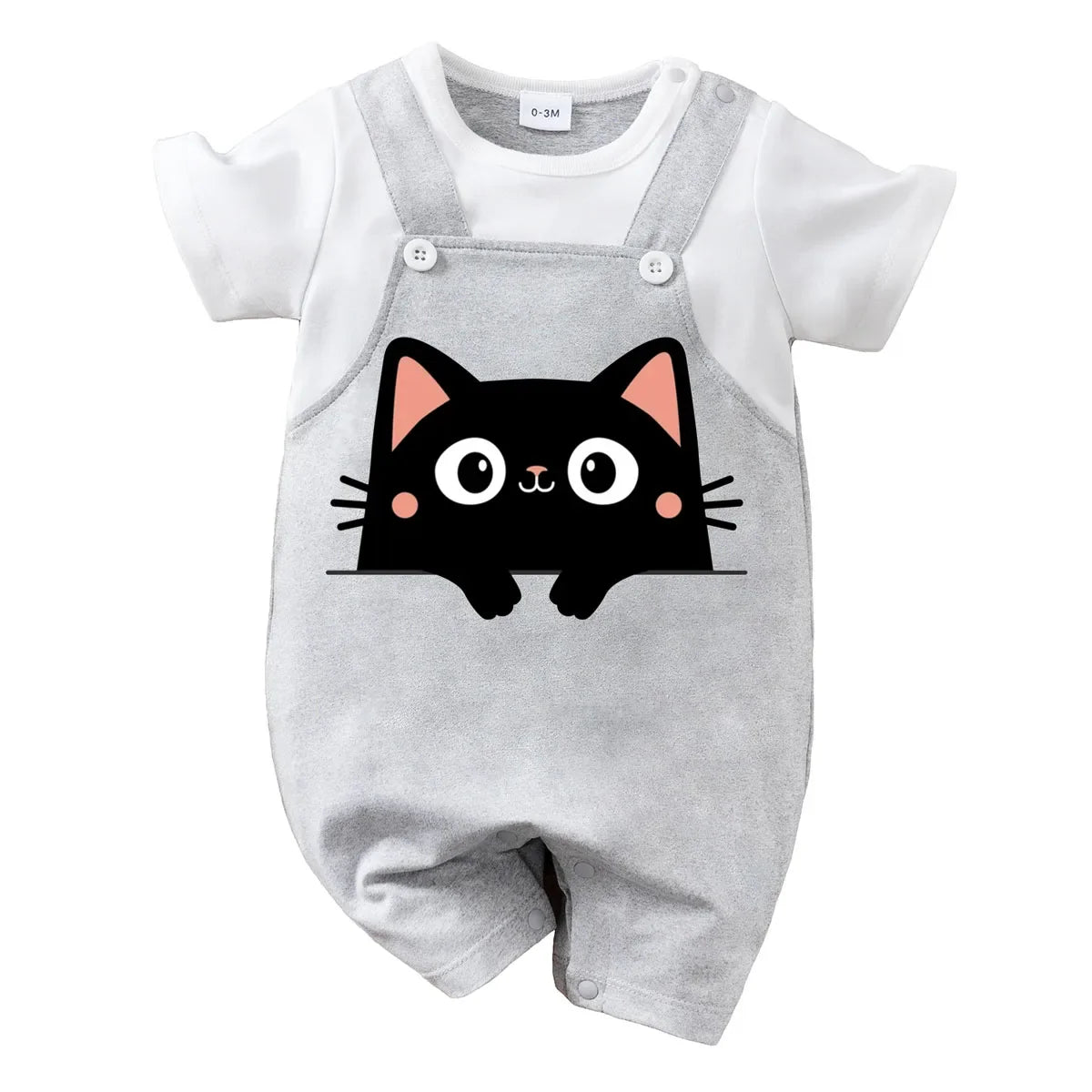 IURNXB Summer Infant Cartoon Black Cat Printed Unisex Romper with Suspenders (0-18M)