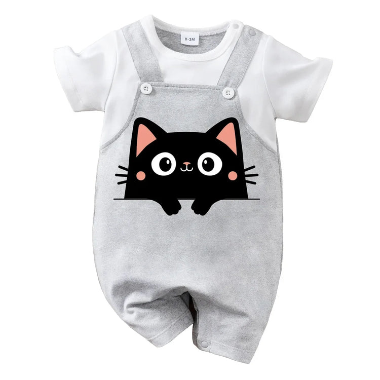 IURNXB Summer Infant Cartoon Black Cat Printed Unisex Romper with Suspenders (0-18M)
