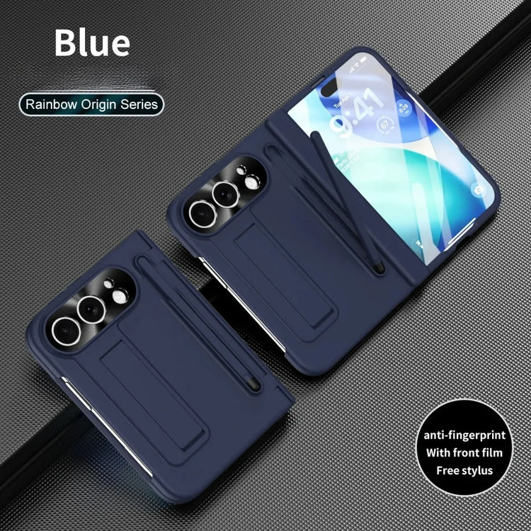 Full Hinge Protection Kickstand Phone Case for iPhone Duo Fold Hard PC Cover with Front Screen Tempered Glass Film & Stylus
