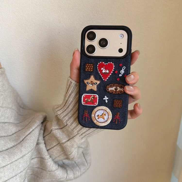 Artisan Denim Phone Case with Korean Embroidered Cartoon Design for iPhone 17 16 Pro 15 14 13 Pro Max