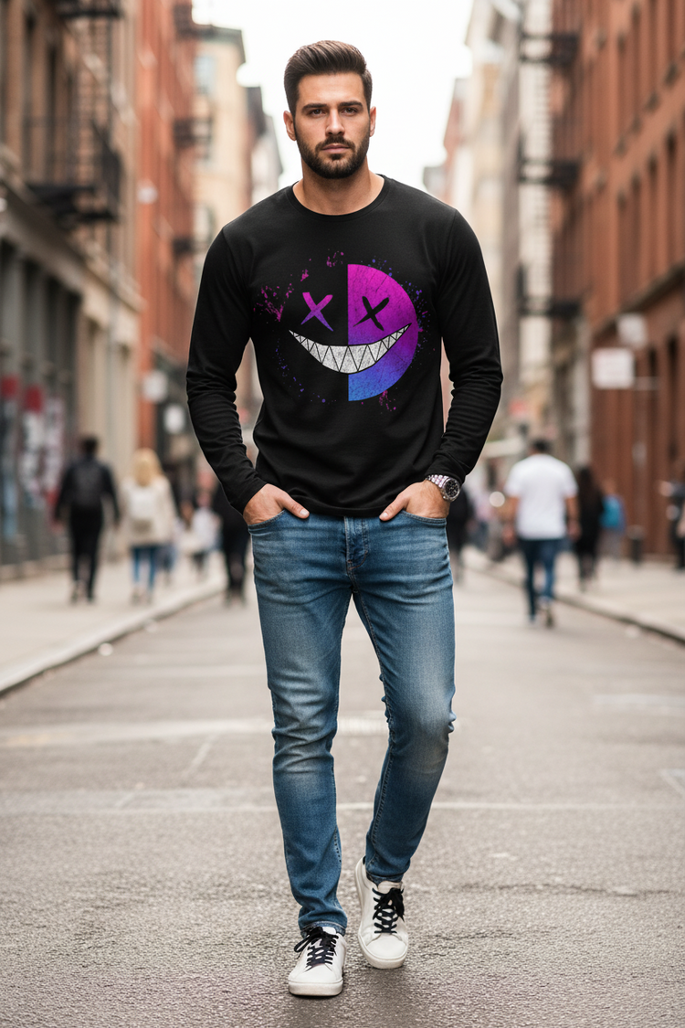 Men’s Casual Long Sleeve O-Neck T-shirt with Funny Pattern Print - Harajuku Street Fashion Top