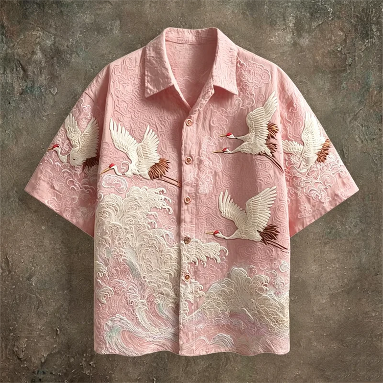 Embossed Flying Crane and Wave Printing Casual Short Sleeved Shirt