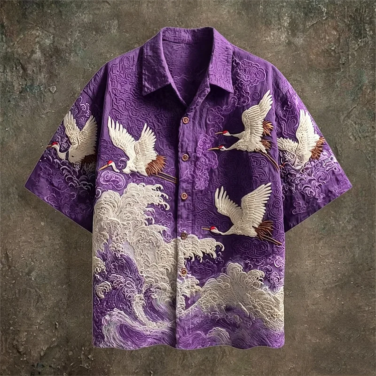 Embossed Flying Crane and Wave Printing Casual Short Sleeved Shirt