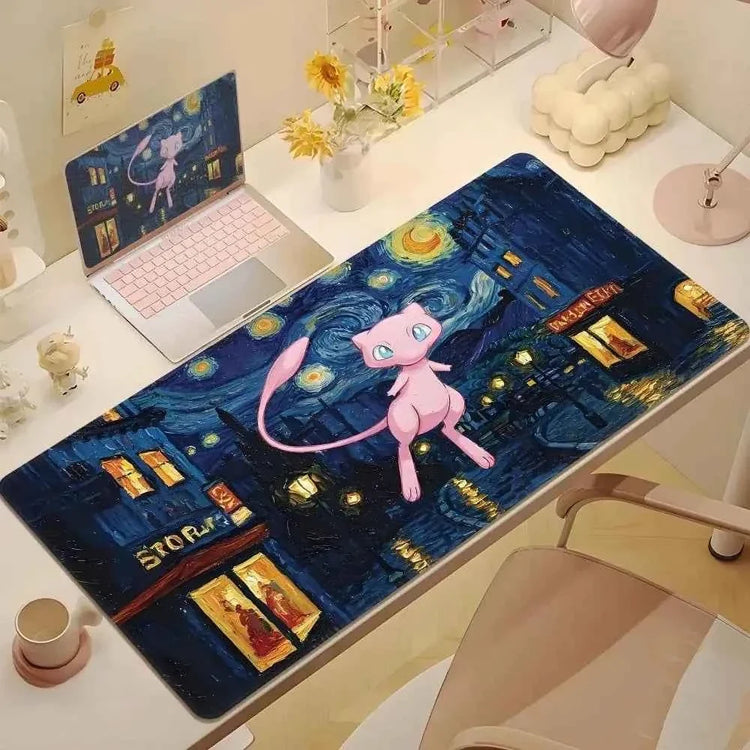 Cute Psyduck Gaming Leather Mouse Pad PC Pikachu Large Size Gamer Keyboard Pokemon Desktop Mouse Mat Starry Night Tablecloth