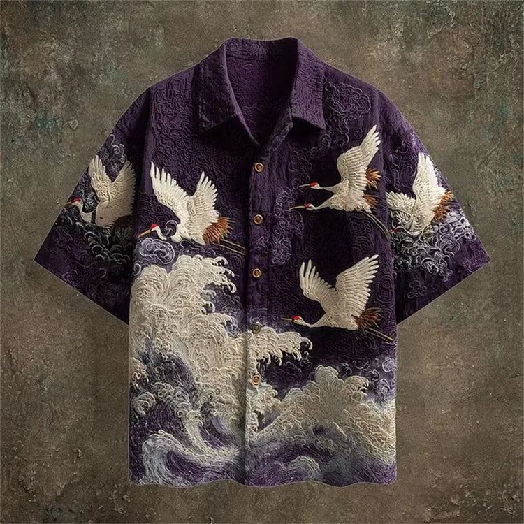 Embossed Flying Crane and Wave Printing Casual Short Sleeved Shirt