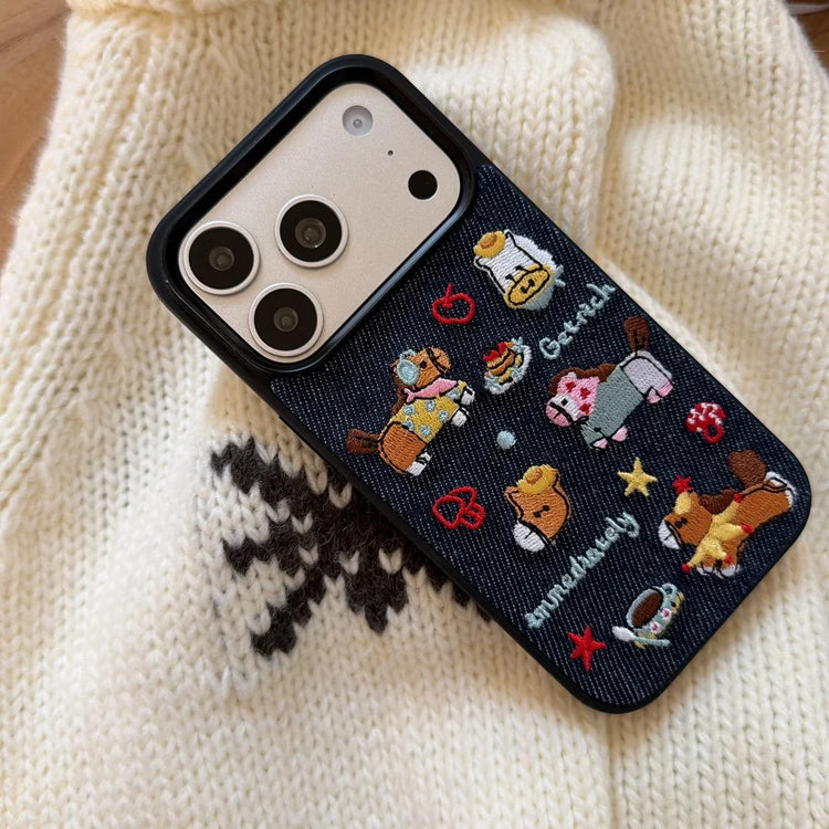 Artisan Denim Phone Case with Korean Embroidered Cartoon Design for iPhone 17 16 Pro 15 14 13 Pro Max