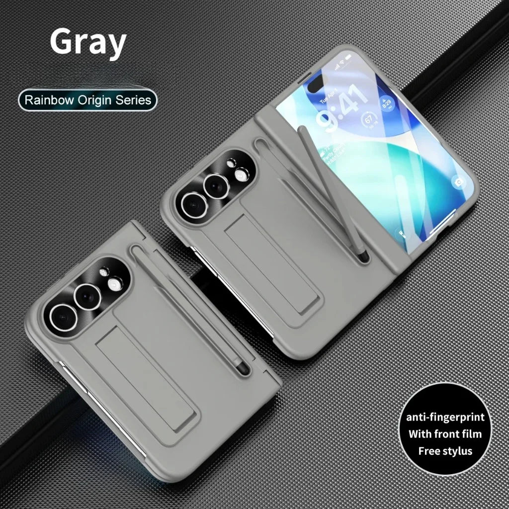 Full Hinge Protection Kickstand Phone Case for iPhone Duo Fold Hard PC Cover with Front Screen Tempered Glass Film & Stylus